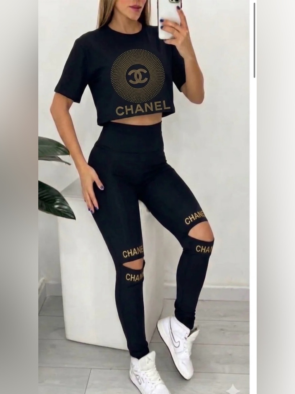Black High-Waist Cutout Logo Leggings with Matching Tee with Gold Accents size S